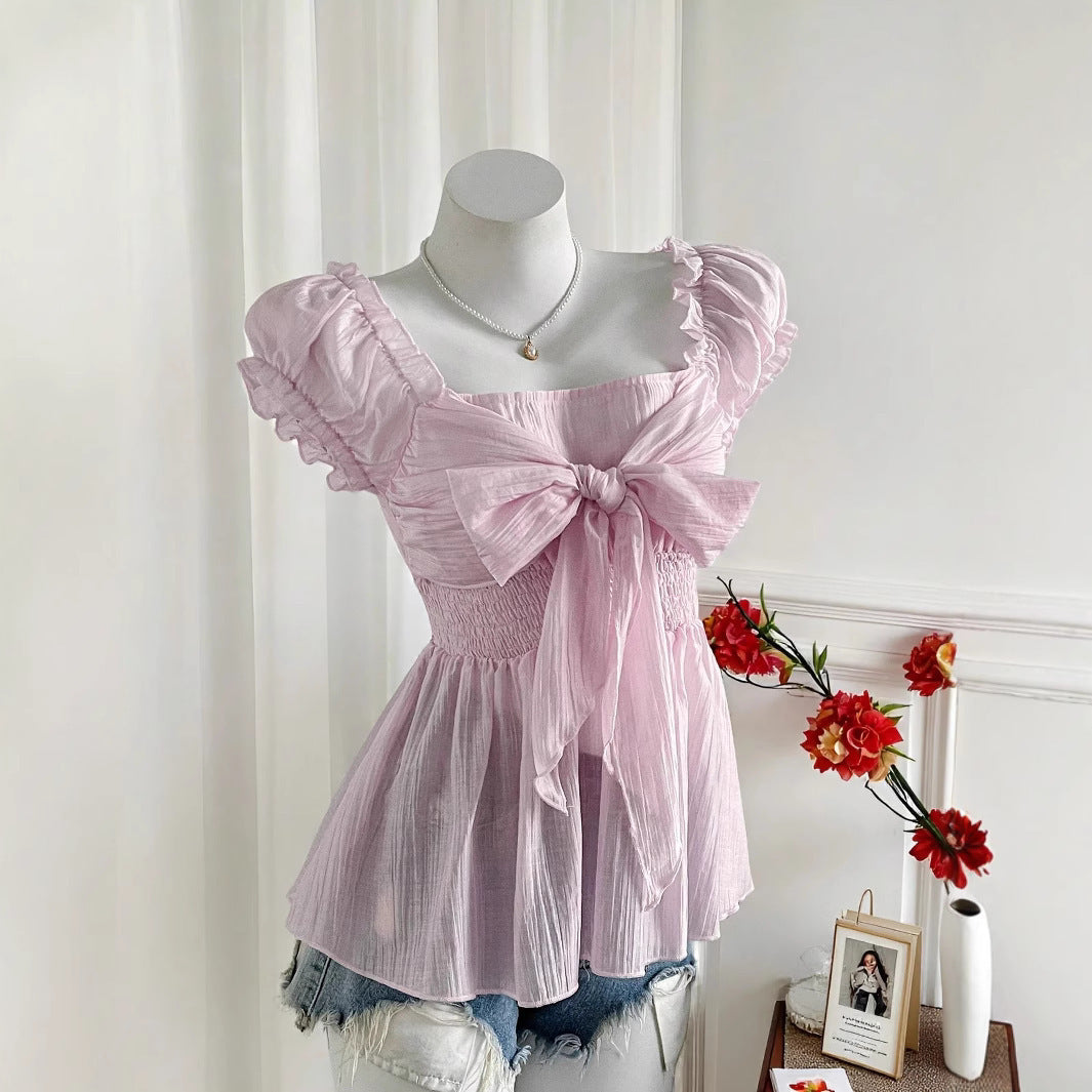 Sweet Fresh Bow Pleated Ruffle Sleeveless French Square Tops