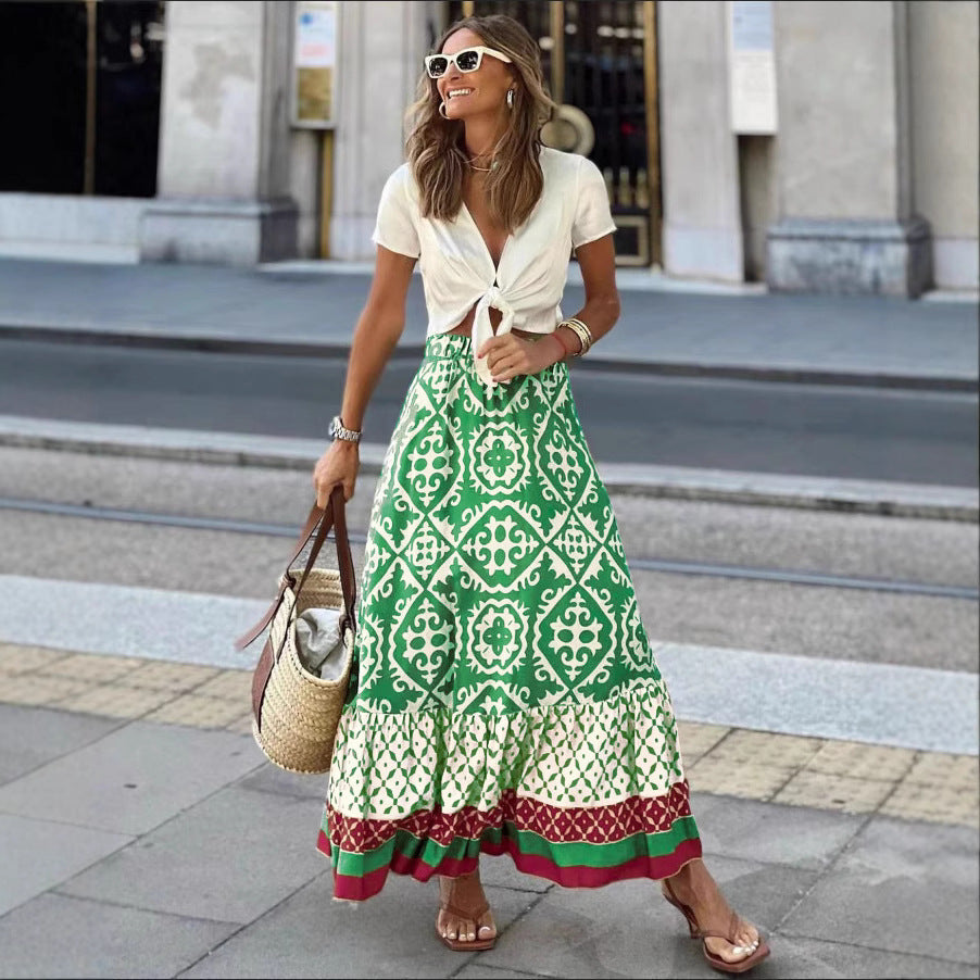 Women's Summer Printed Loose Stitching Large Swing Skirt