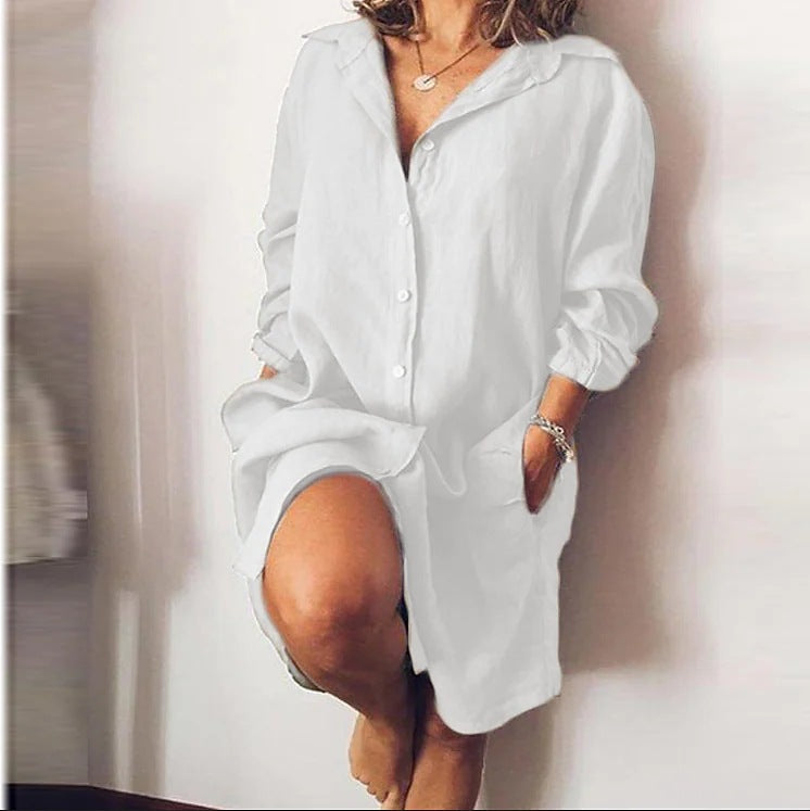 Women's Mid-length Long Sleeve Solid Color Single-breasted Blouse