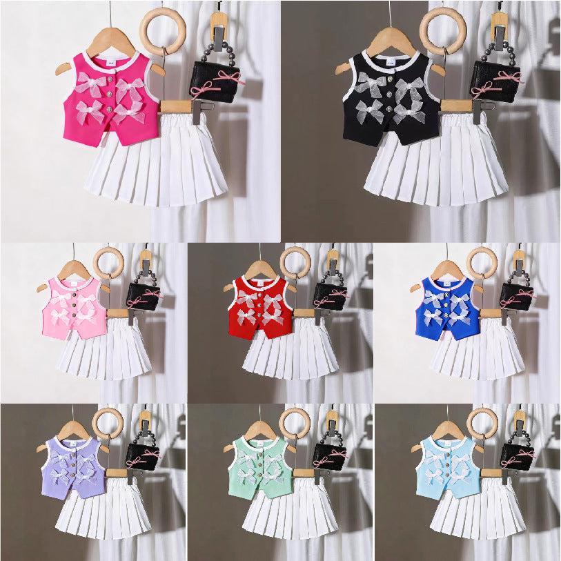 Comfortable Fashion Bow Vest Pleated Skirt Children's Suit