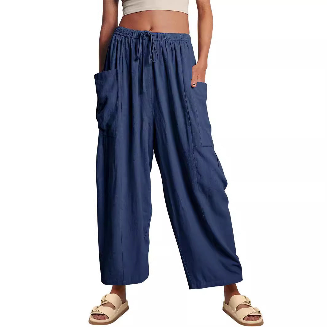 Women's Waist High Wide Leg Loose Cotton Linen Trousers Pants
