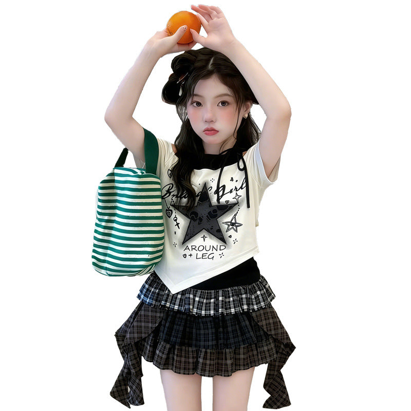 Children's Summer Fried Street Thin Short Sleeve Lace Tartan Children's Suit