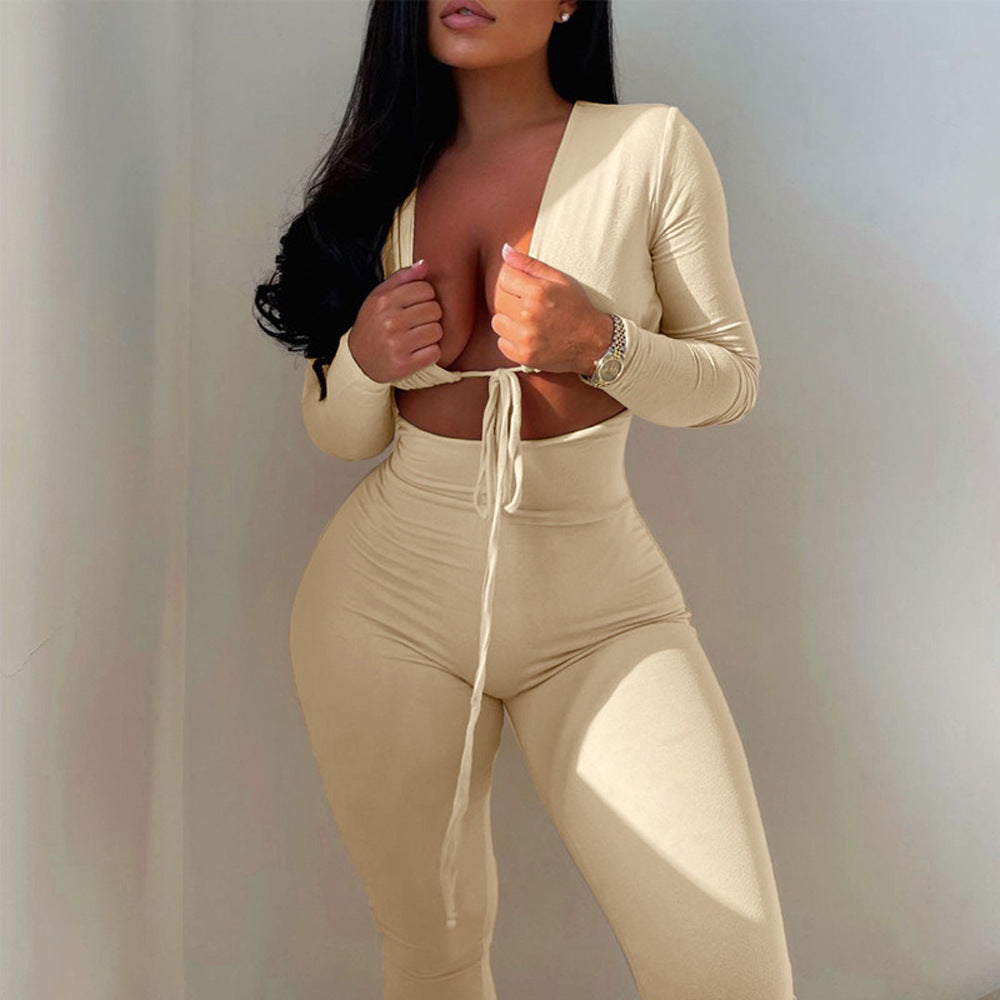 Women's Sexy Navel Cutout Long Sleeve Slim Fit Casual Pants