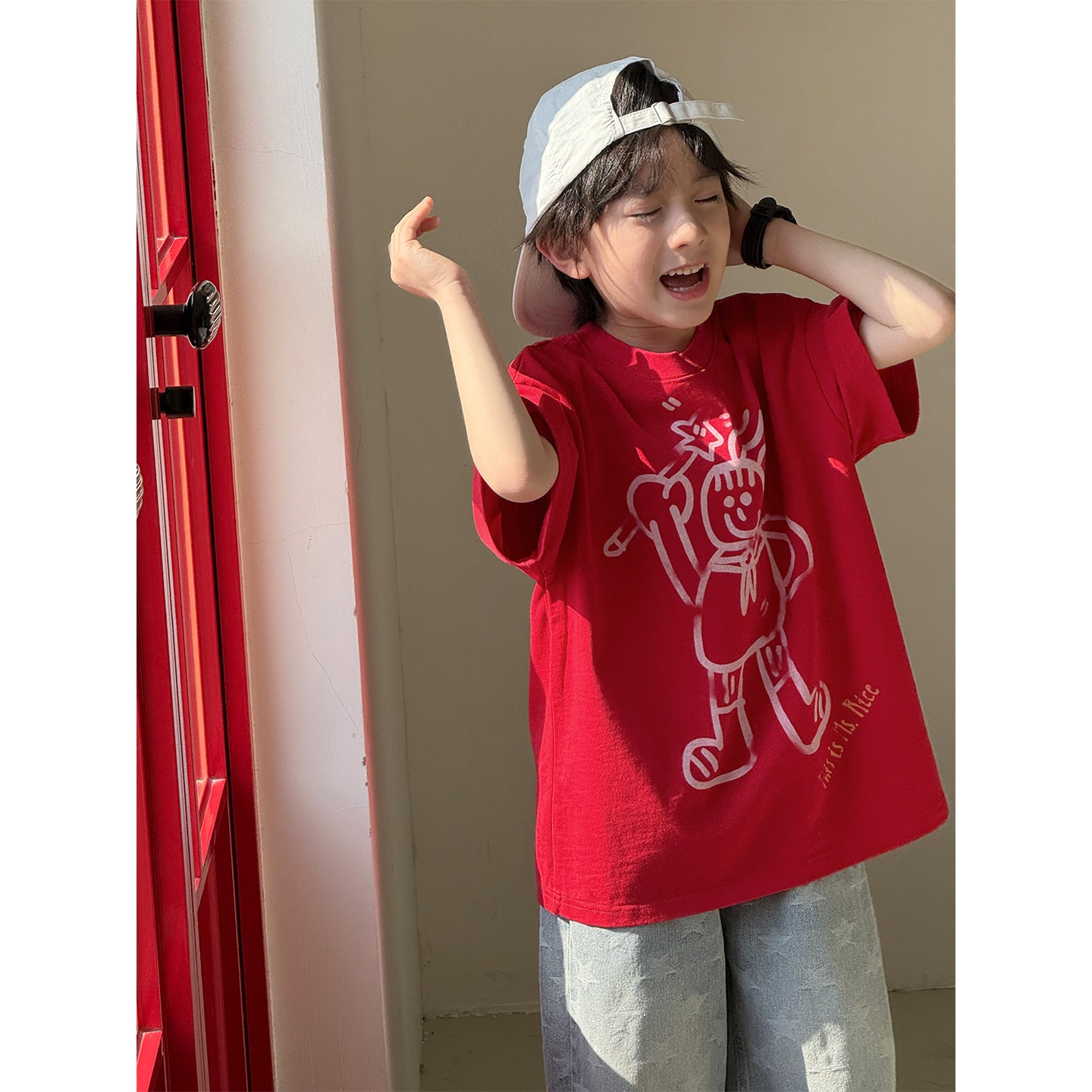 Children's Korean Style Cartoon Contrast Color Snowman Print Short Sleeve Casual Children's T-shirt