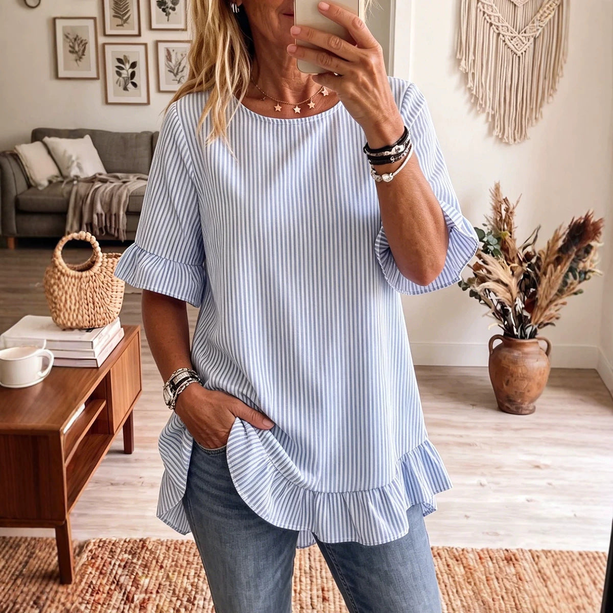 Women's Summer Sleeve Striped Loose Casual Ruffled Women's T-shirt