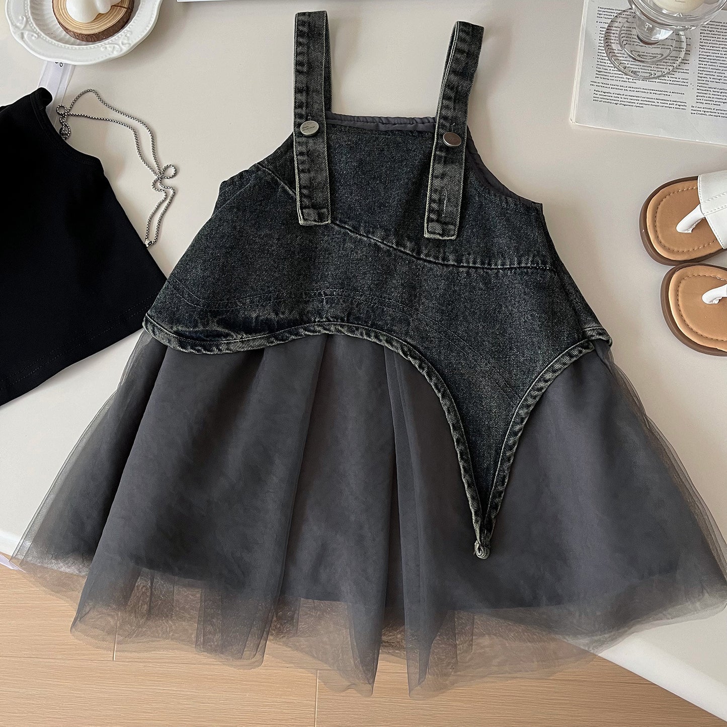 Korean Style Denim Mesh Two-piece Cute Children's Dress