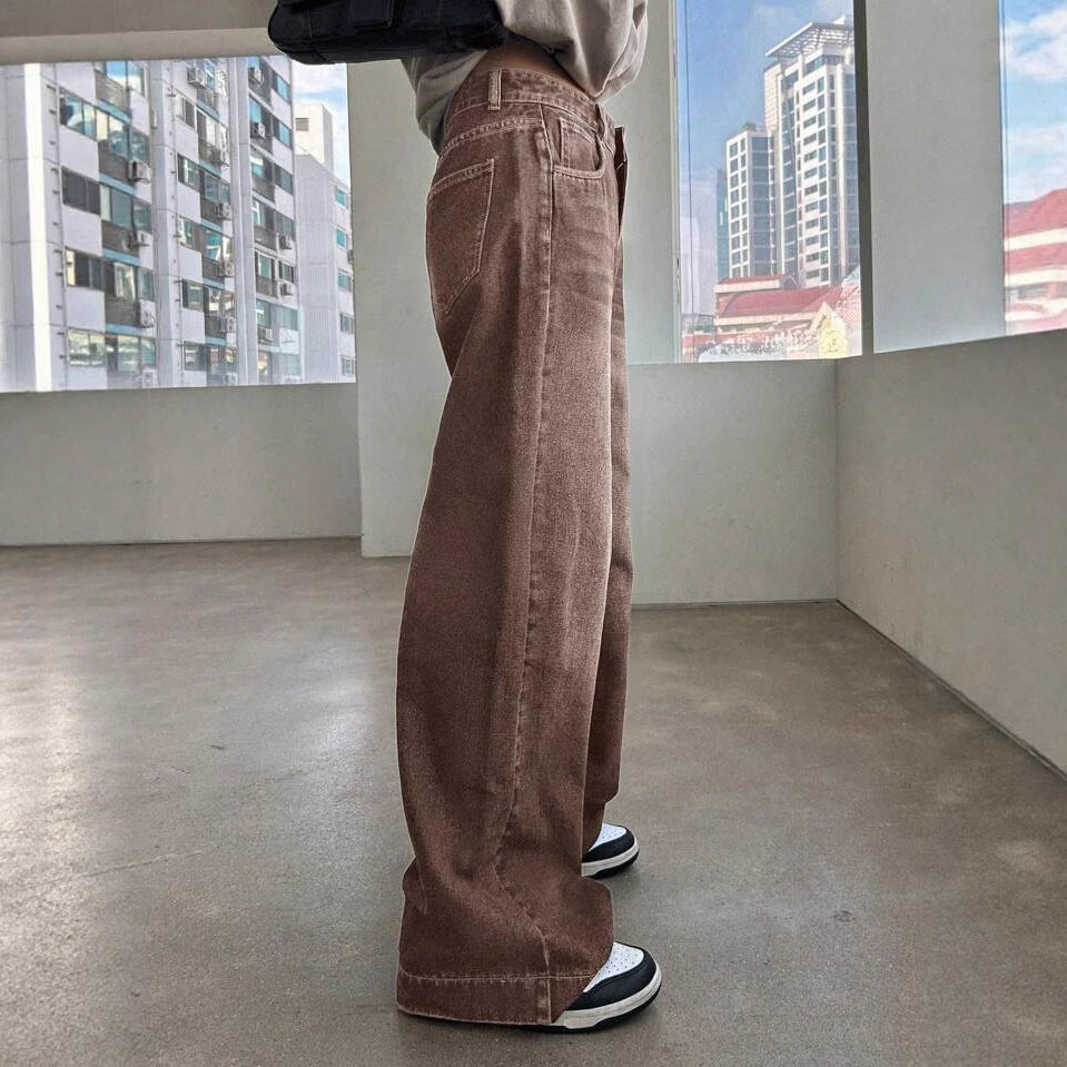 Women's Waist Straight Coffee Color Washed Retro Loose American Gradient Brown Women's Jeans
