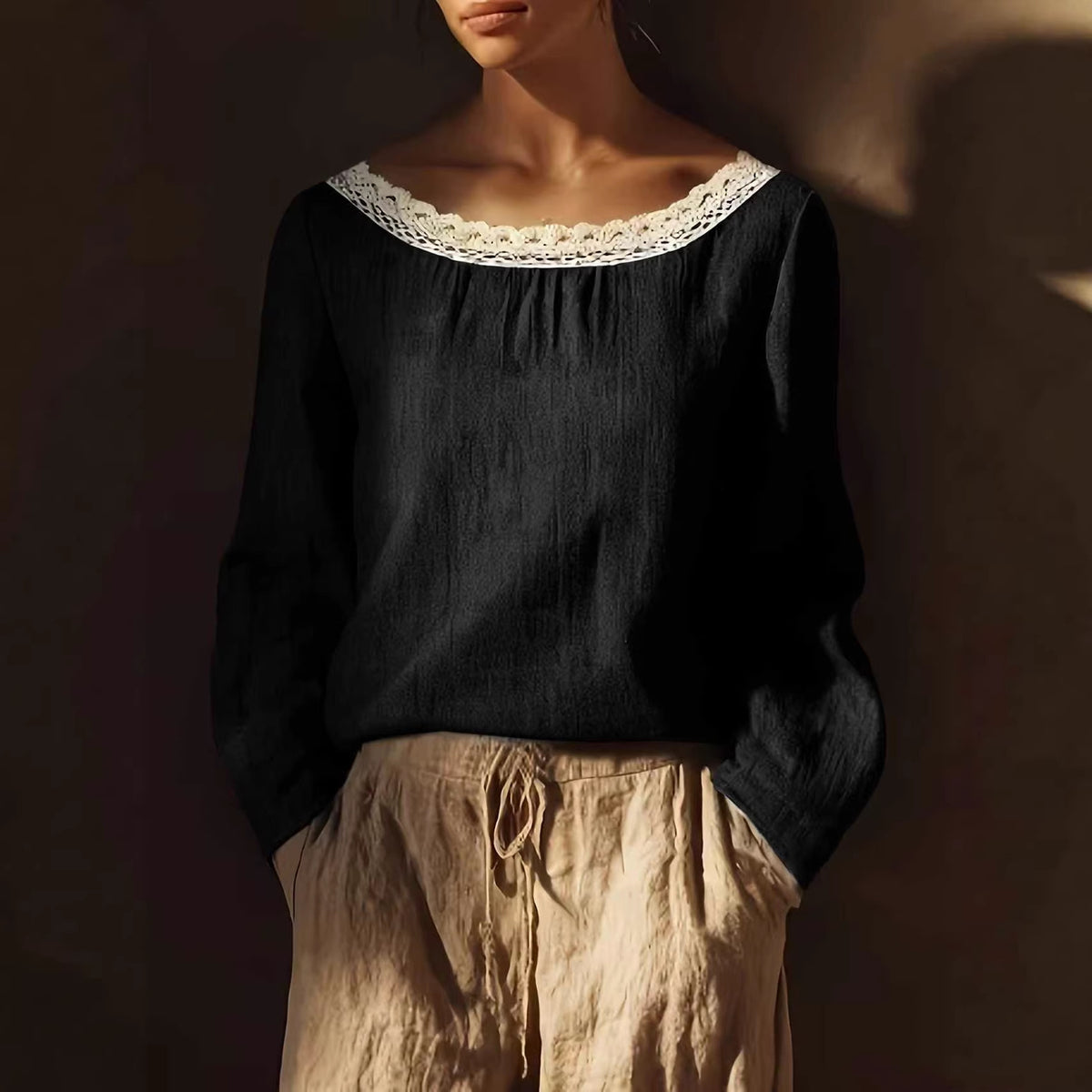 Women's Round Neck Lace Stitching Long Linen Sleeves Chinese Elegant Inner Women's T-shirt