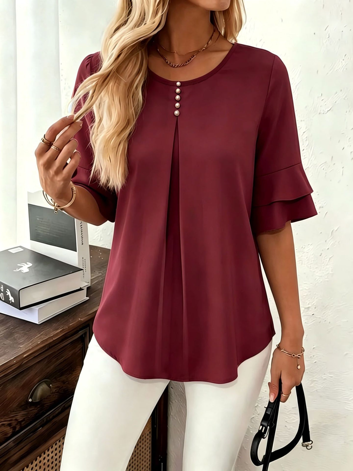 Women's Casual Comfortable Loose Slimming Double Layer Ruffled Blouse