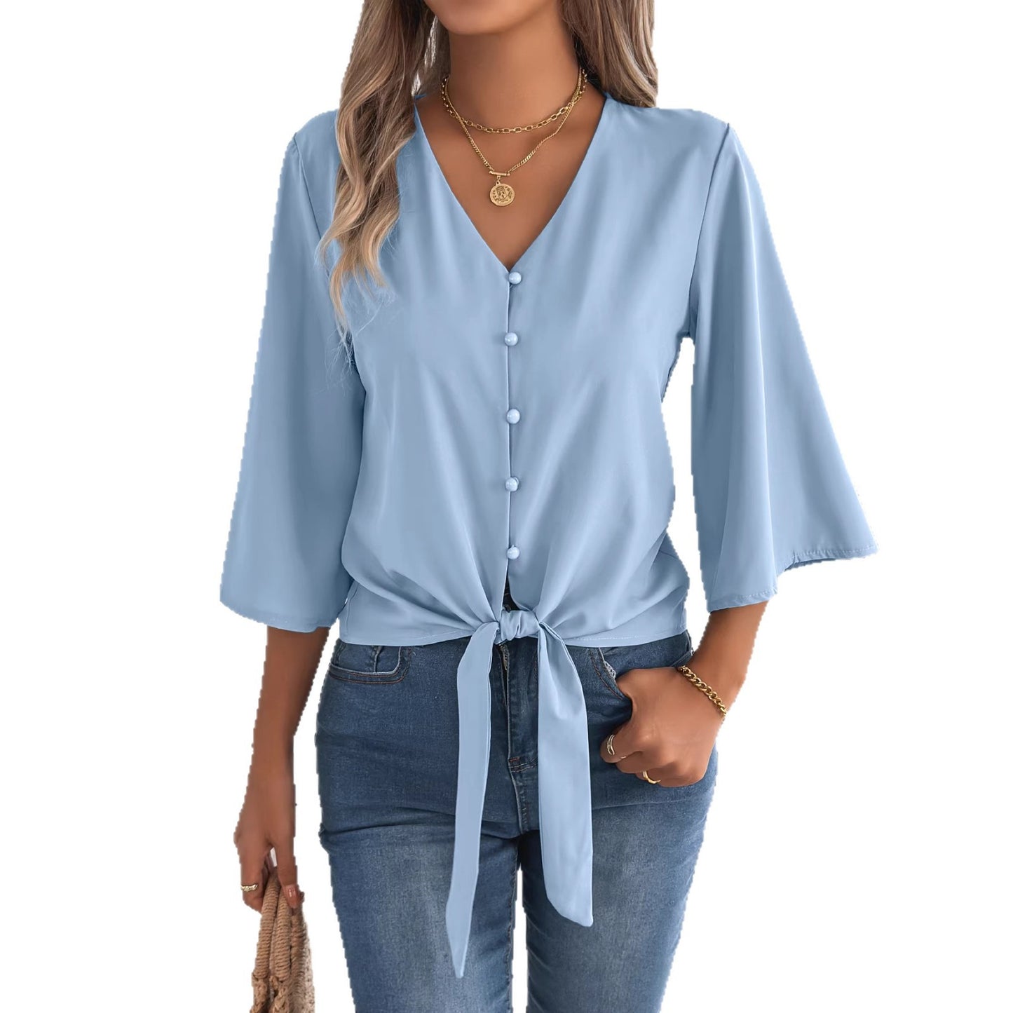 Women's Casual Button Three-quarter Sleeve Knotted Lace Shirt, Chiffon Shirt