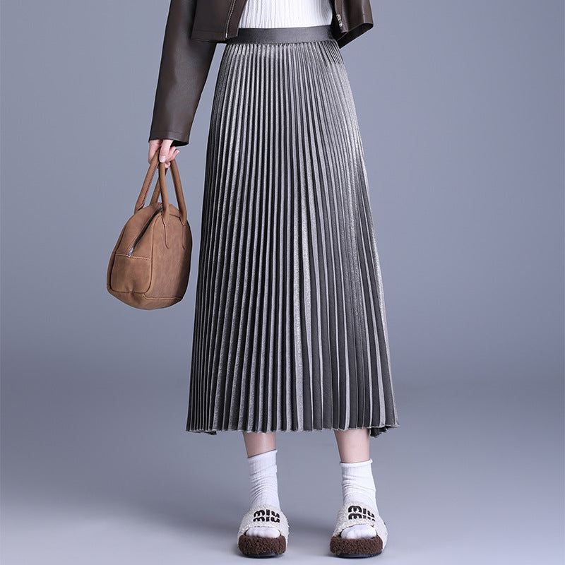 Pleated Autumn High Waist Mid-length Long Dress Temperament Drape A- Skirt