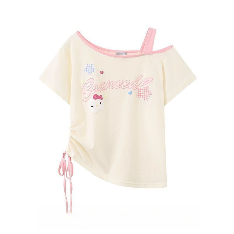 Small Teen Sweet Cat Shoulder Top With Short Sleeves Summer Children's T-shirt