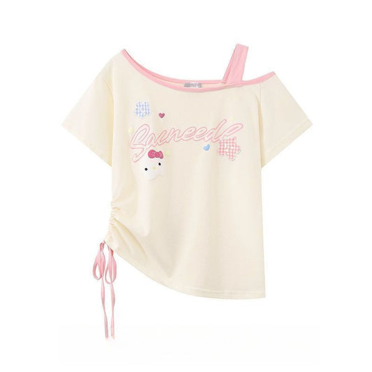 Small Teen Sweet Cat Shoulder Top With Short Sleeves Summer Children's T-shirt