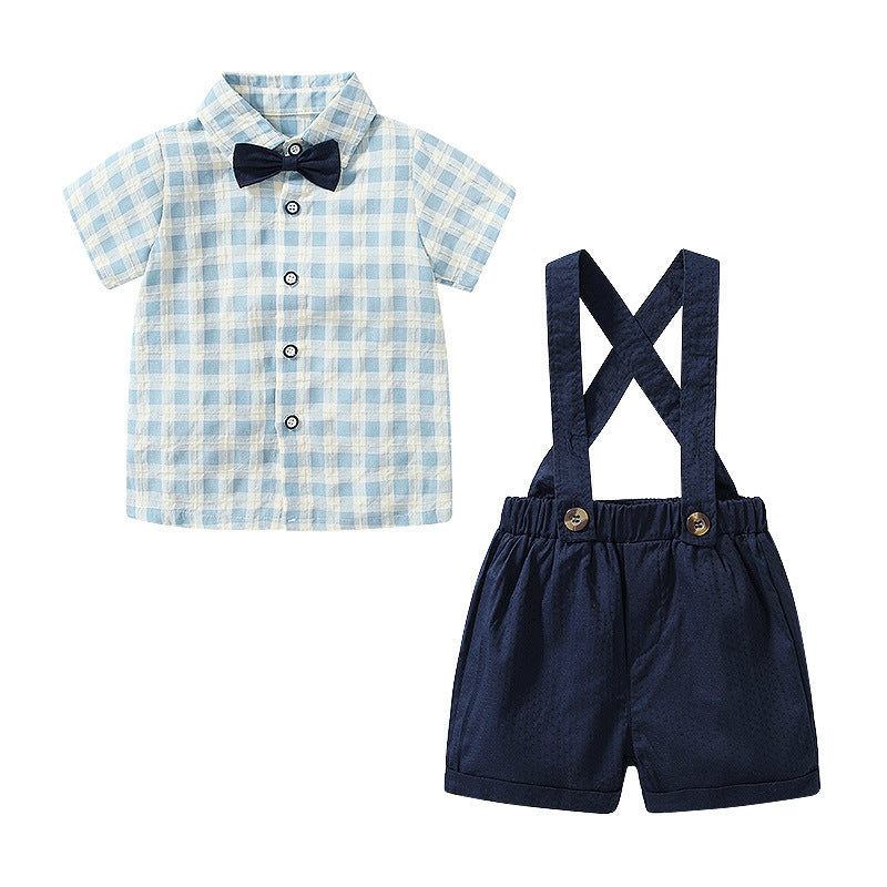 Children's Summer Plaid Shirt Short-sleeved Suspender Pants Korean Boys Gentleman Children's Suit