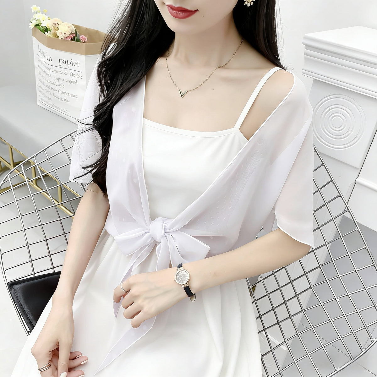 Women's Fashionable Outer Wear Shawl Summer Matching Lace Shirt, Chiffon Shirt