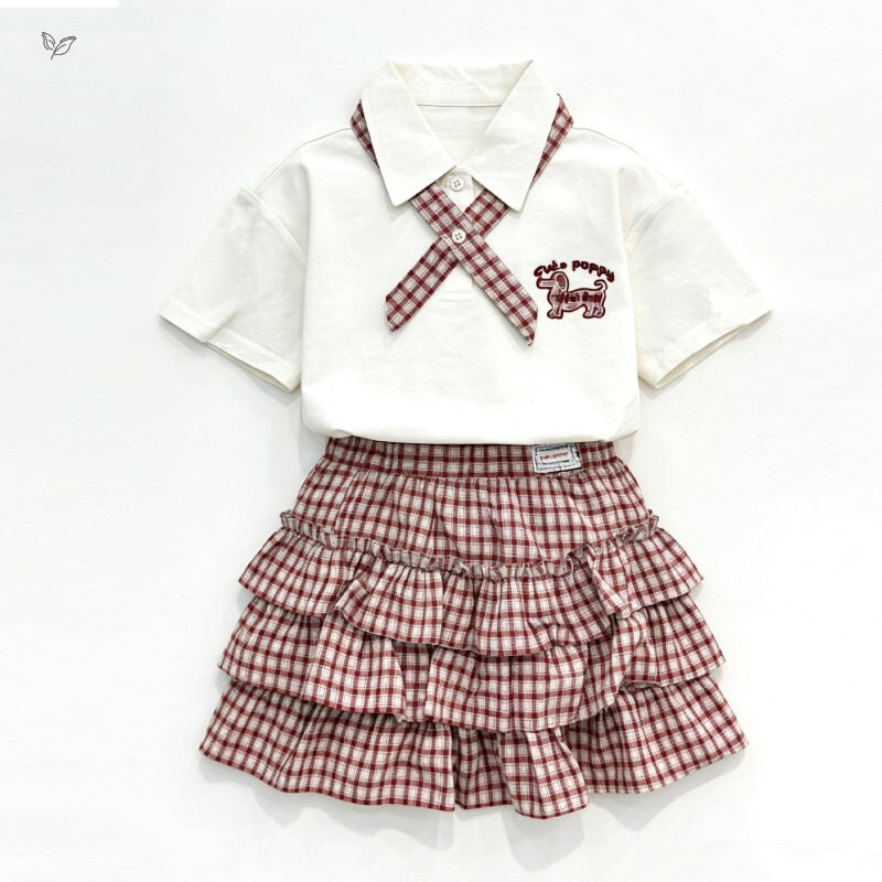 Summer College Plaid Skirt Outfit Tie Collar Short Sleeve T-shirt Children's Suit