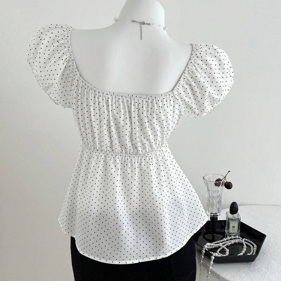 Women's Polka Dot Puff Sleeve French Cinched Lace Shirt, Chiffon Shirt