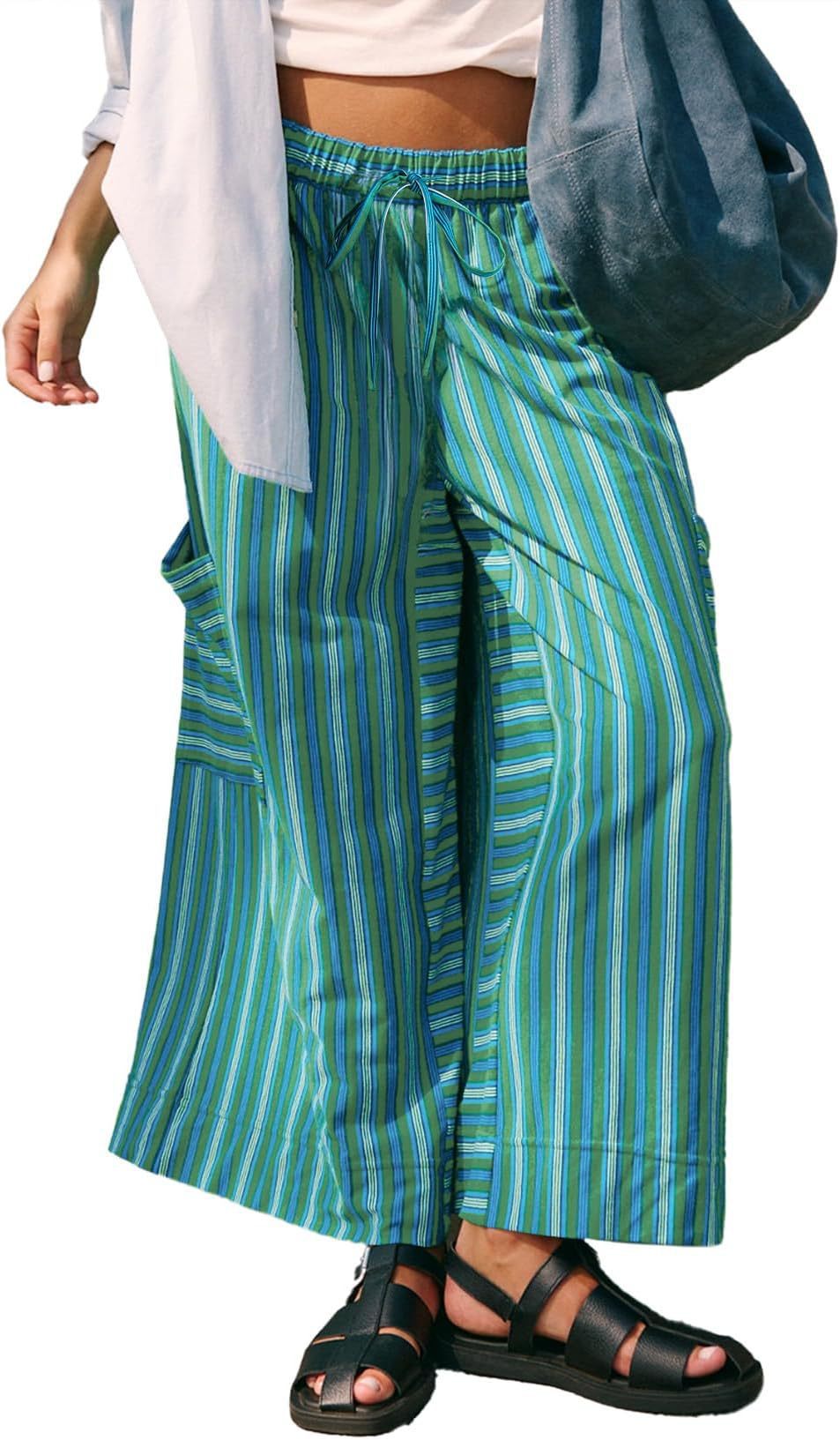 Women's Striped Drawstring Wide Leg Beach Breathable Pants