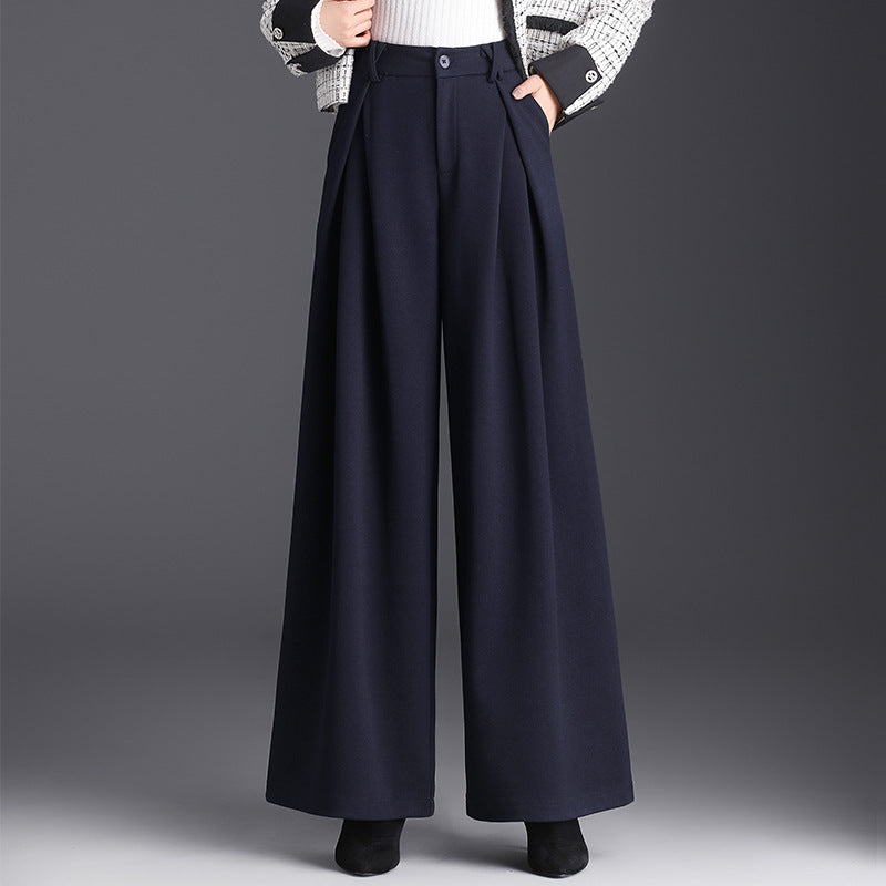 Women's Woolen High Waist Commuter Loose Cover Wide Leg Draping Casual Pants