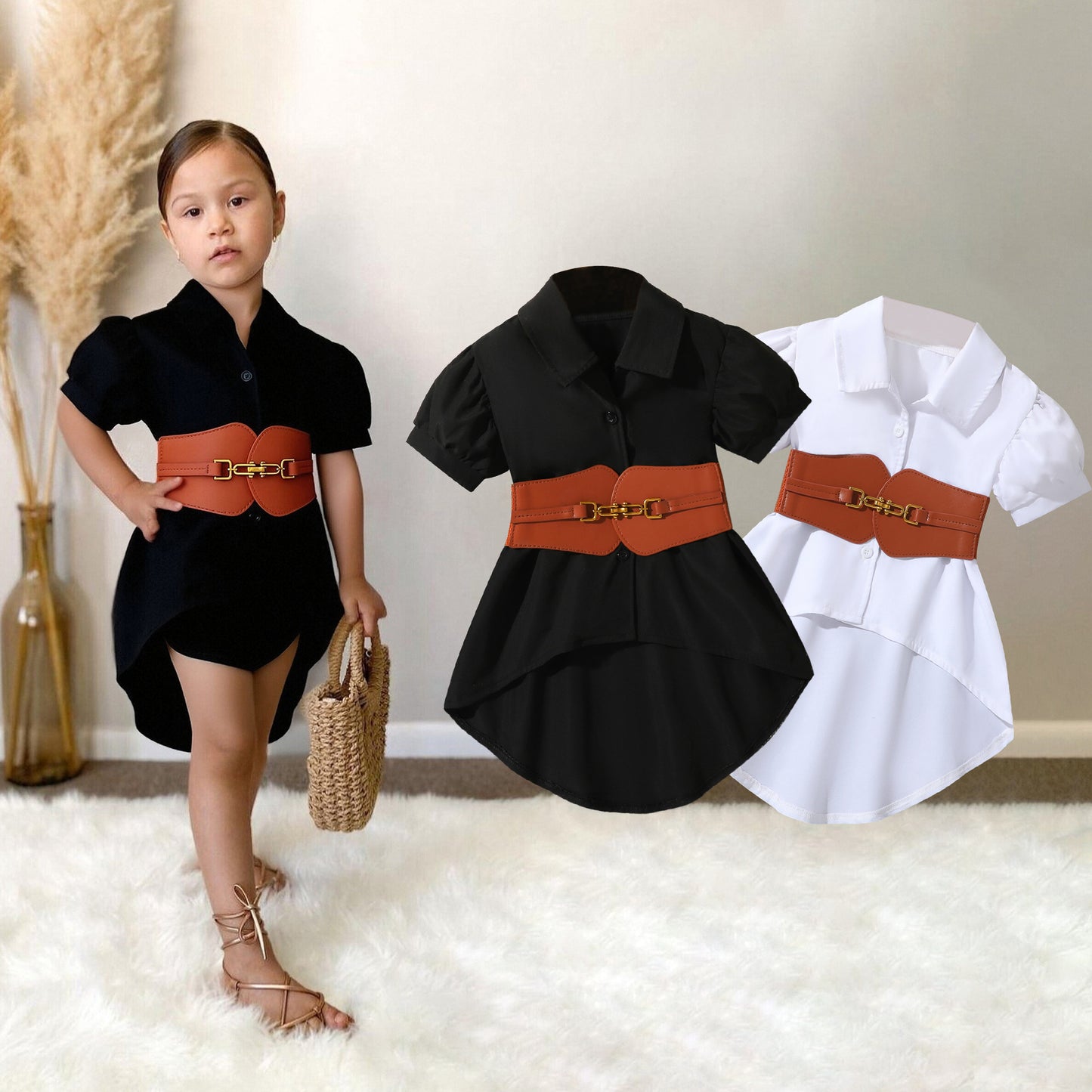 Lantern Short Sleeve Lapel Loose Single-breasted A- Line Shirt Children's Suit