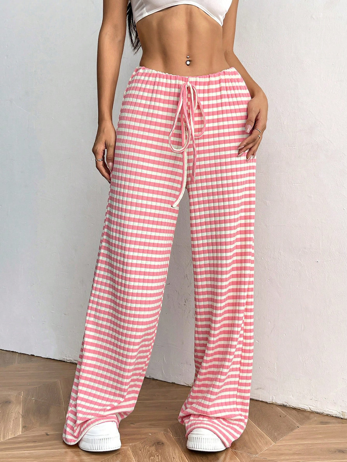 Women's Striped Solid Color Rubber Band Drawstring Casual Pants