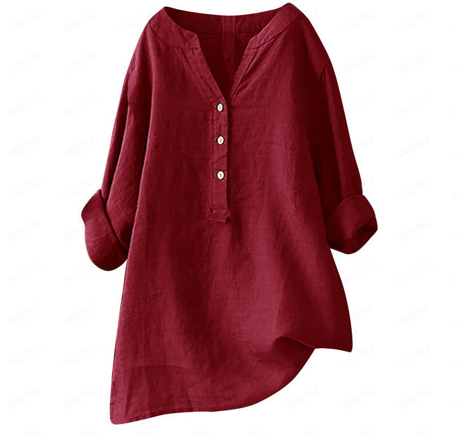 Women's Loose Solid Color Shirt Cotton Linen Pocket Long Blouse