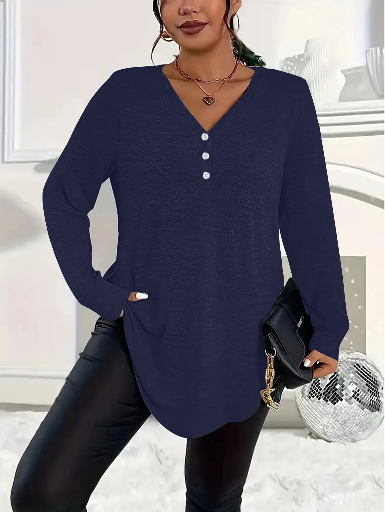 Women's Clothes Buttons Solid Color Long-sleeved Tops