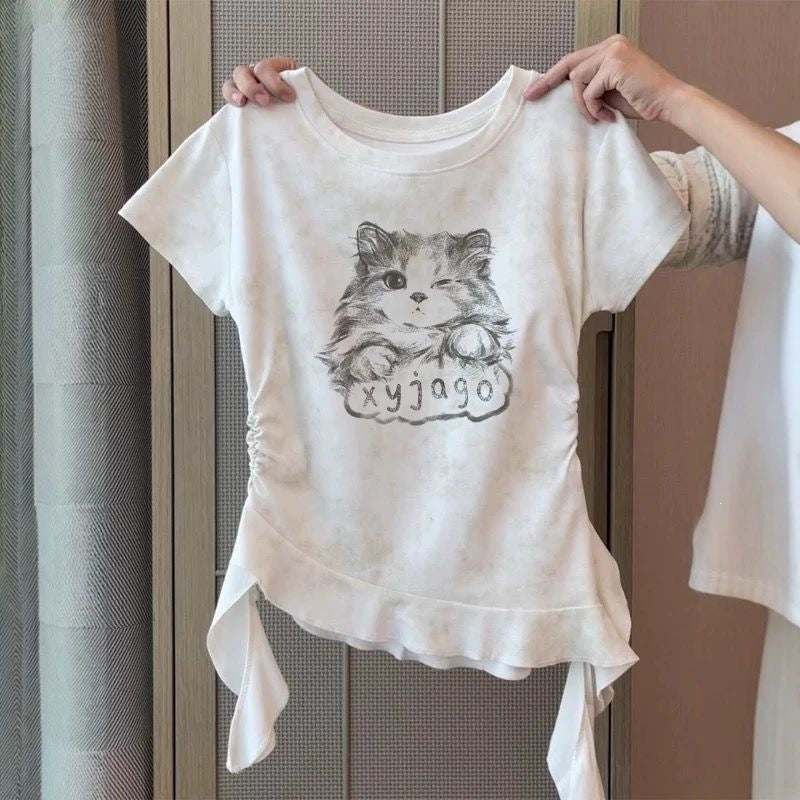 Middle Big Cat Printing Short-sleeved Summer Irregular Ruffle Top Children's T-shirt