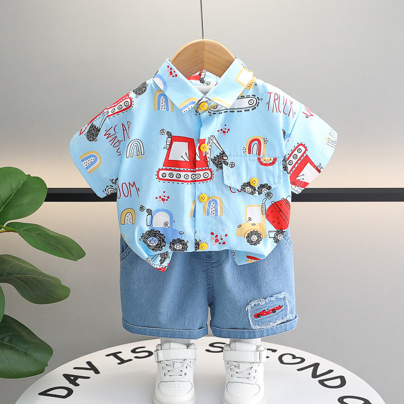 Summer Printed Lapel Shirt Short-sleeved Casual Denim Children's Suit