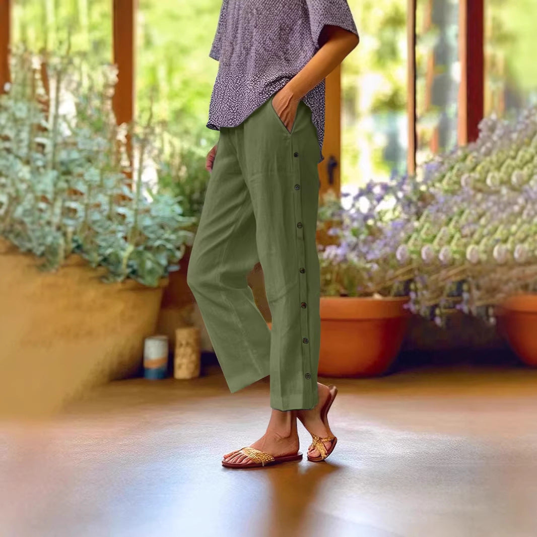 Holiday Slim Looking Cotton Linen Breathable Cropped Featured Fastener Casual Pants