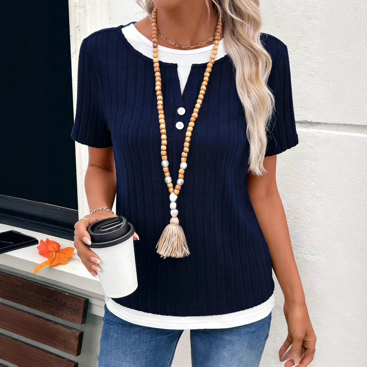 Women's Fake Two-piece Round Neck Button Pullover Shorts