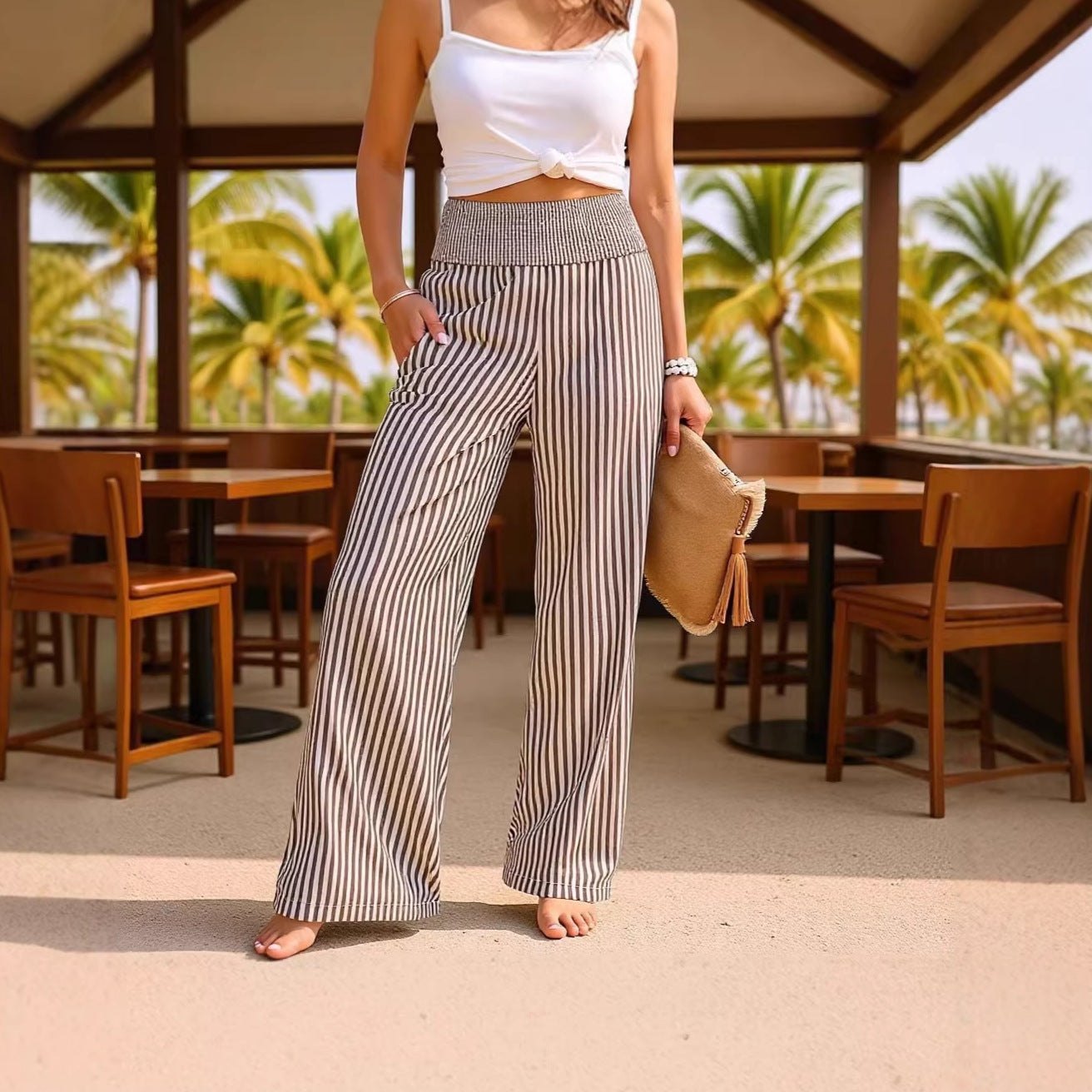 Women's Striped Smocking Trousers Fashion Loose Casual Pants