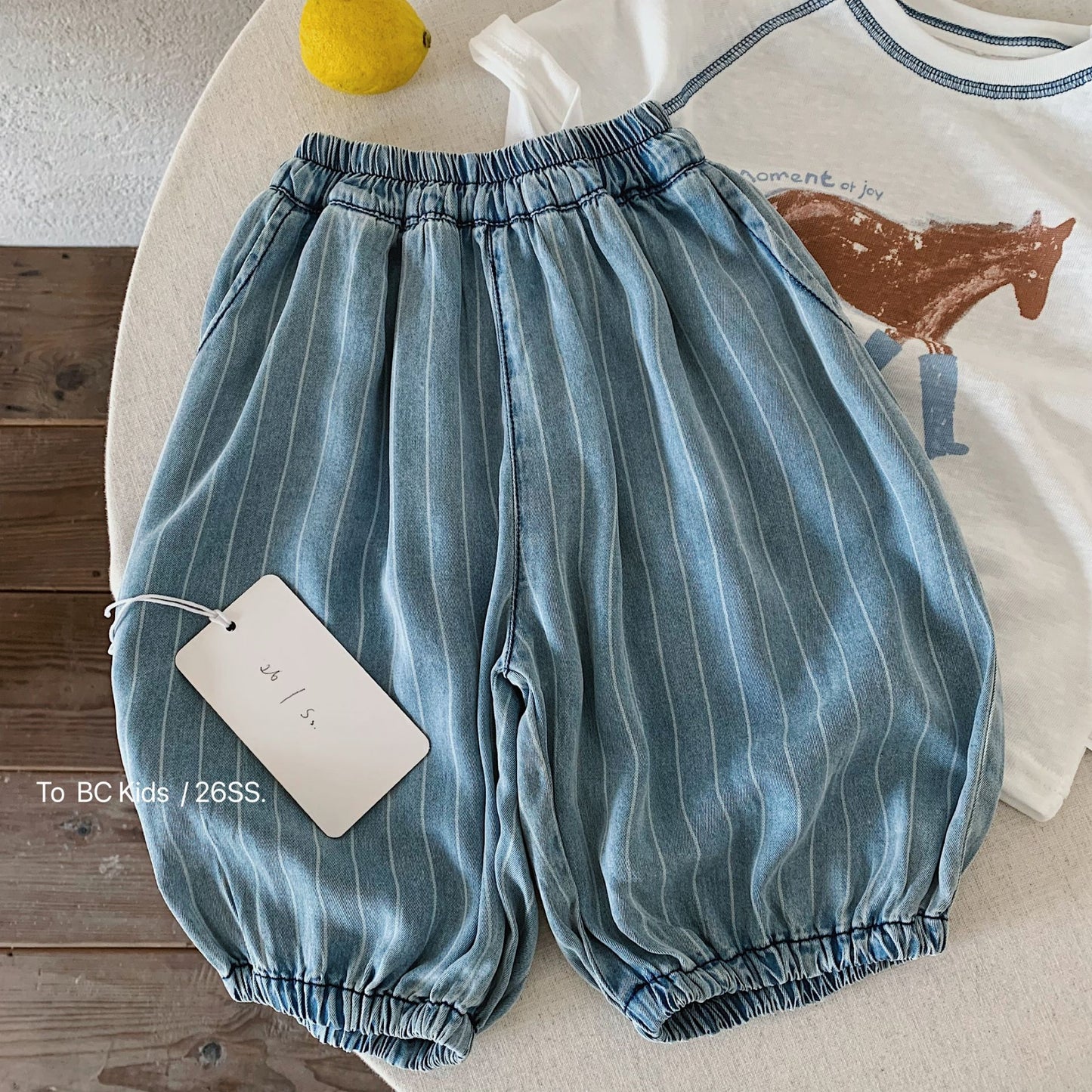 Children's Boy Vertical Stripe Denim Thin Loose Cropped Children's Pants