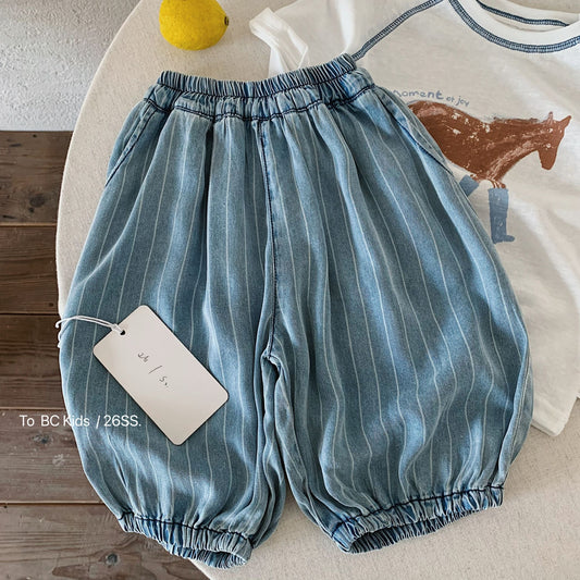 Children's Boy Vertical Stripe Denim Thin Loose Cropped Children's Pants