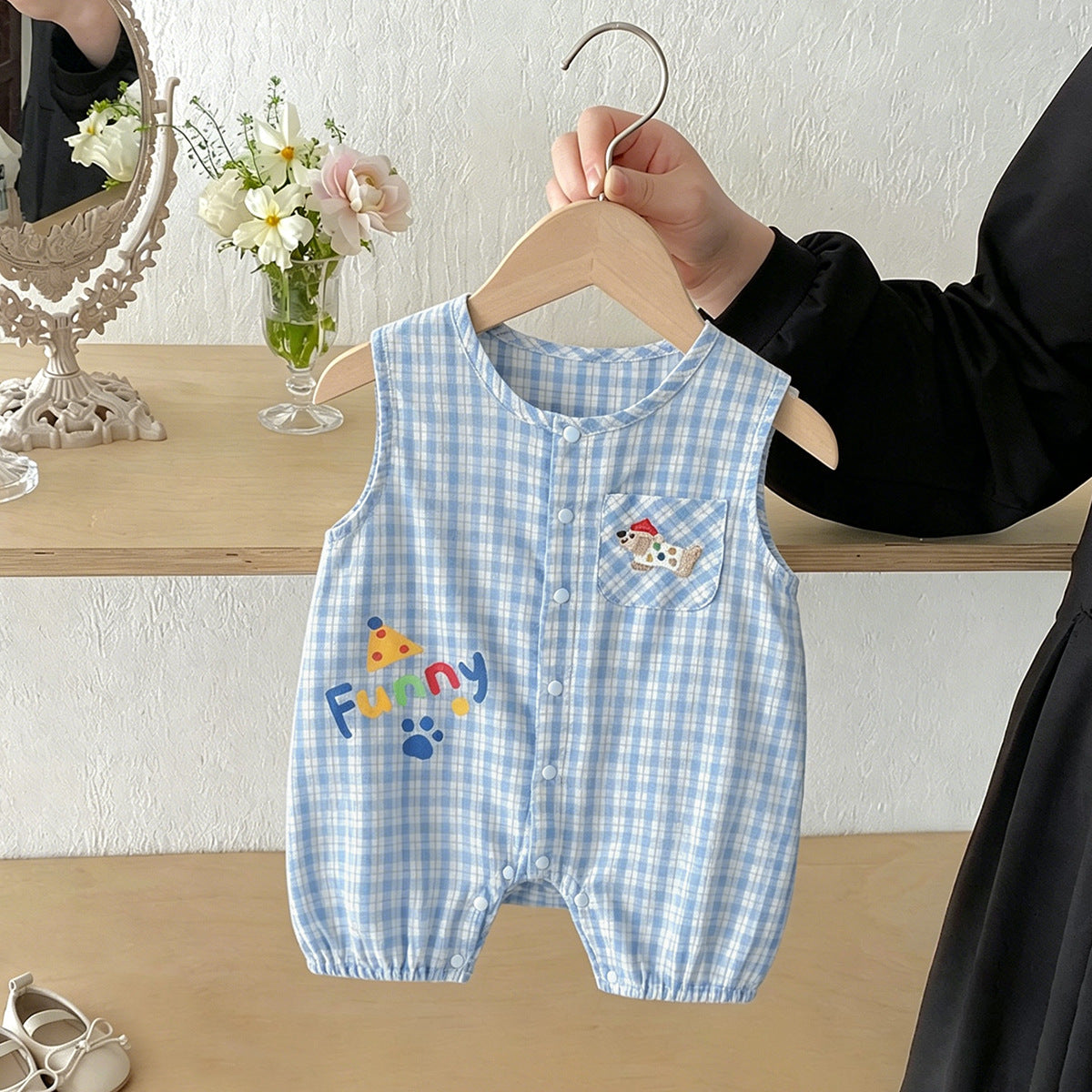 Refreshing Breathable Vest Jumpsuit Light Blue Plaid Single-breasted Jumpsuit, Climbing Suit