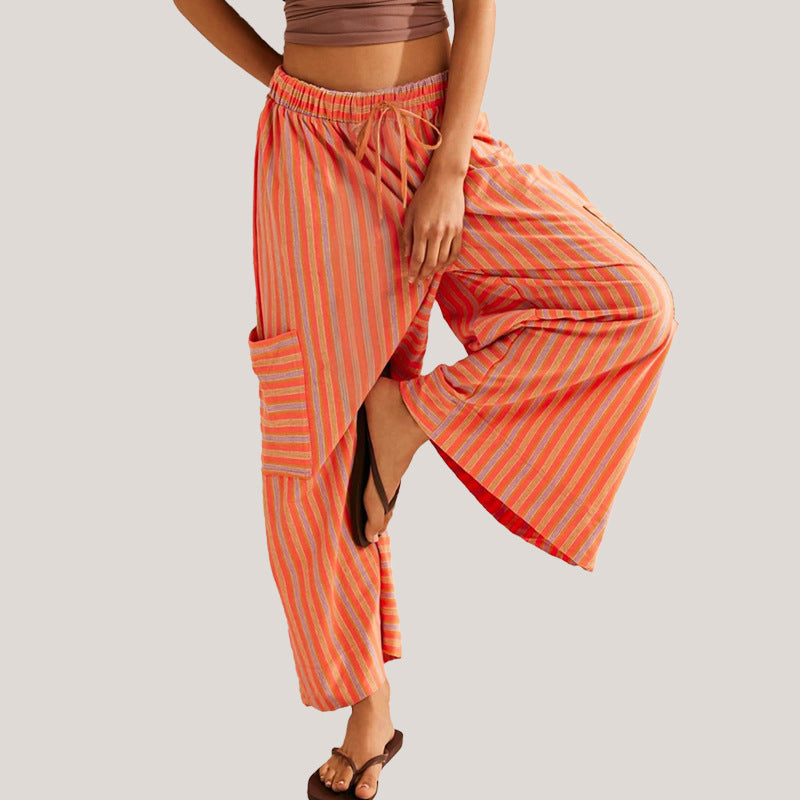 Women's Striped Drawstring Wide Leg Beach Breathable Pants