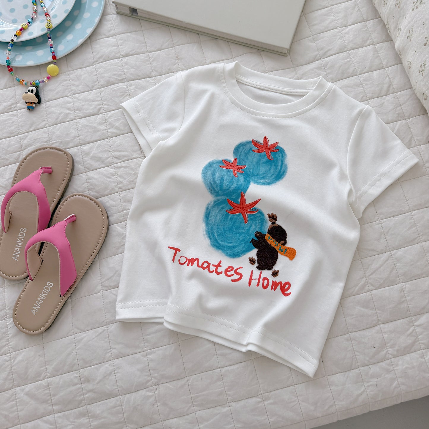 Children's Tide Cotton Short-sleeved Summer Fruit Spray Printing Pearl Embroidery Tops Children's T-shirt