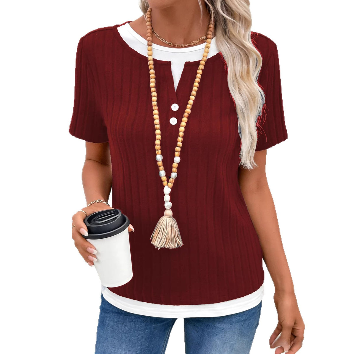 Women's Fake Two-piece Round Neck Button Pullover Shorts