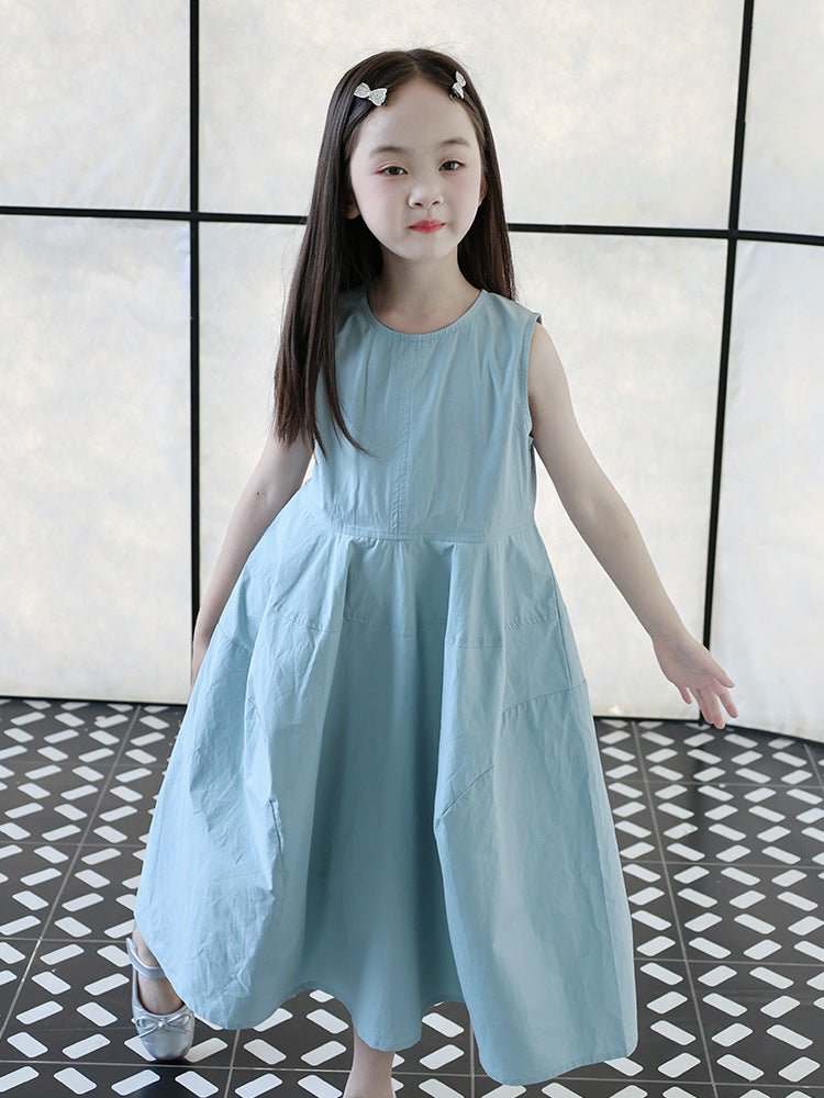 Children's Cotton High-grade Summer French Vest Skirt Blue Temperament Long Children's Dress