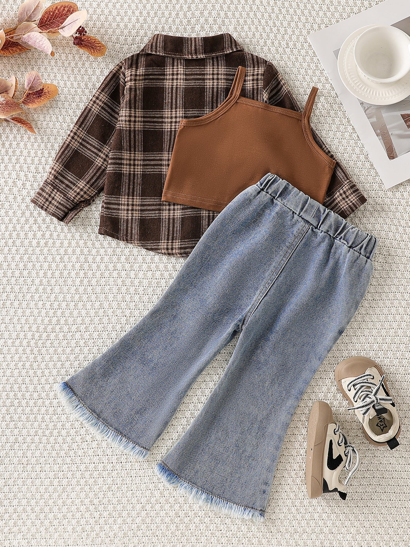 Fashion Plaid Shirt Slightly Flared Jeans Overall Children's Suit