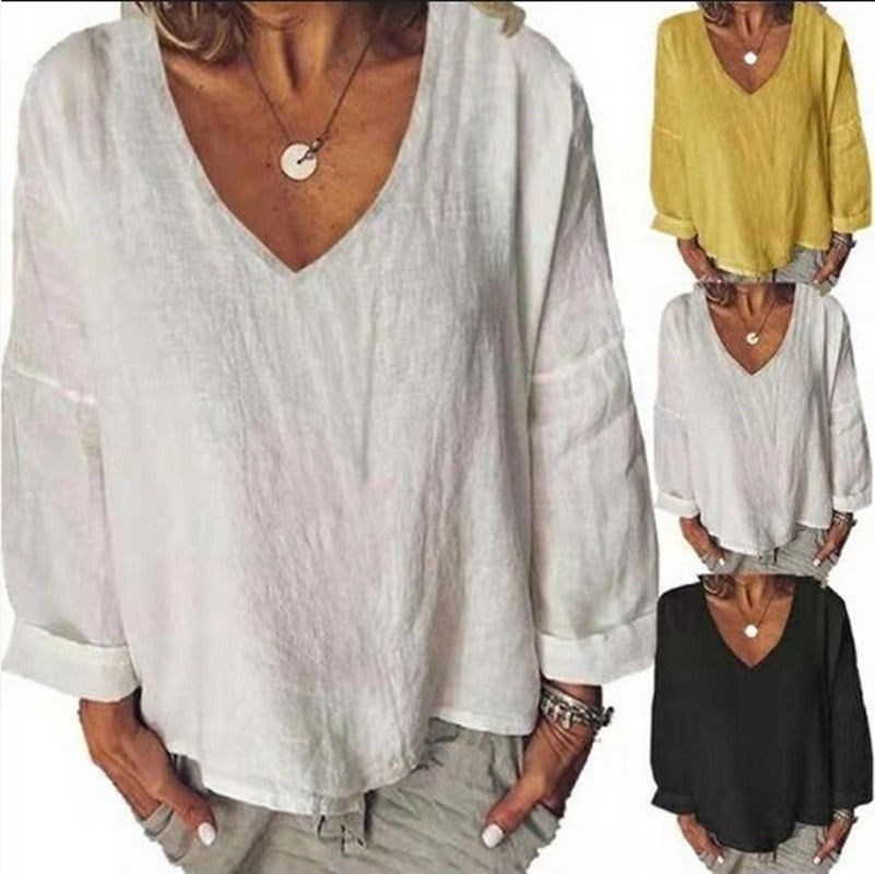 Women's Large Cotton Linen Solid Color Long-sleeved Blouse