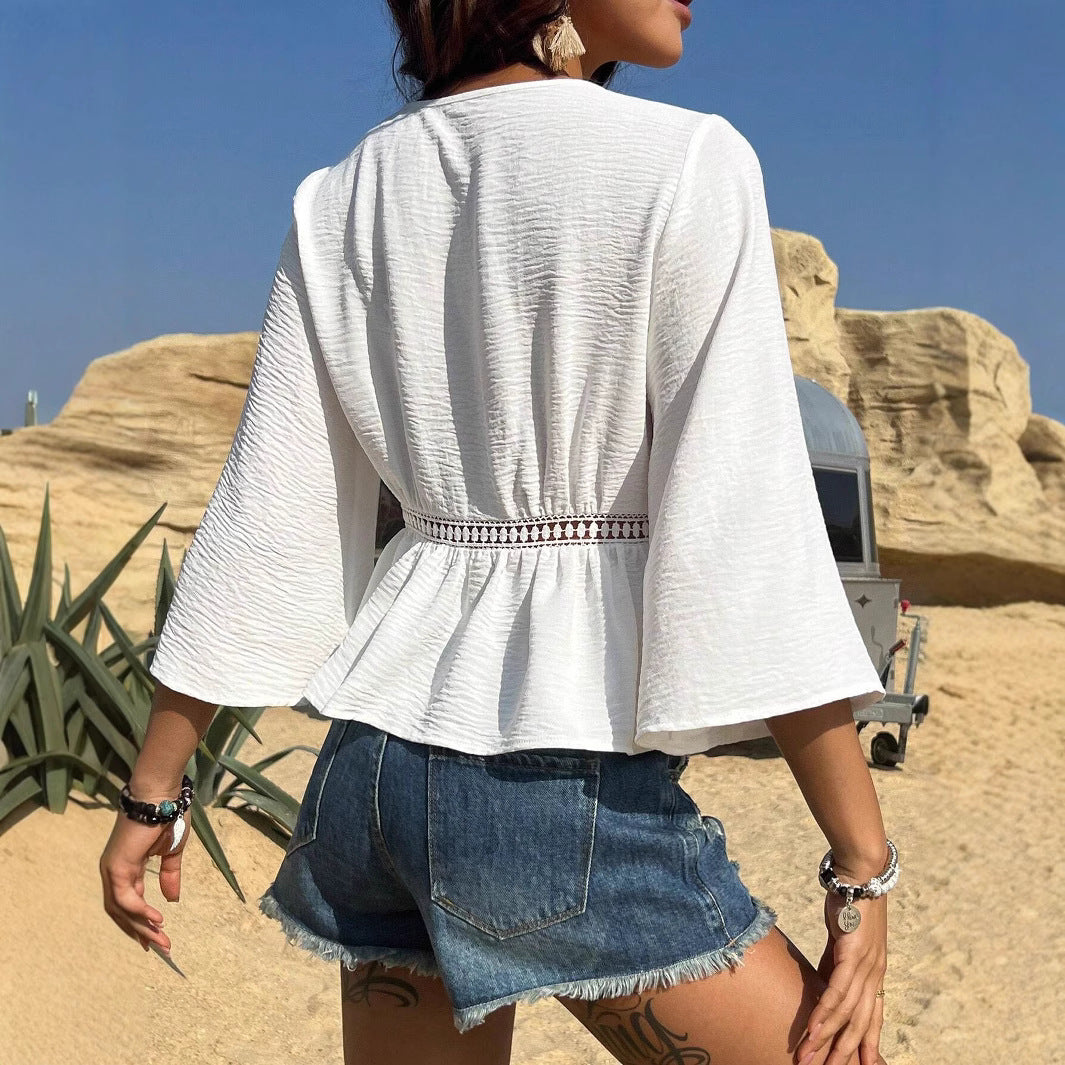 Women's Solid Color Hollow Waist Inlaid Lace Casual Blouses