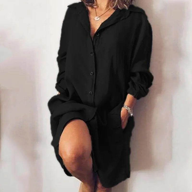 Women's Mid-length Long Sleeve Solid Color Single-breasted Blouse