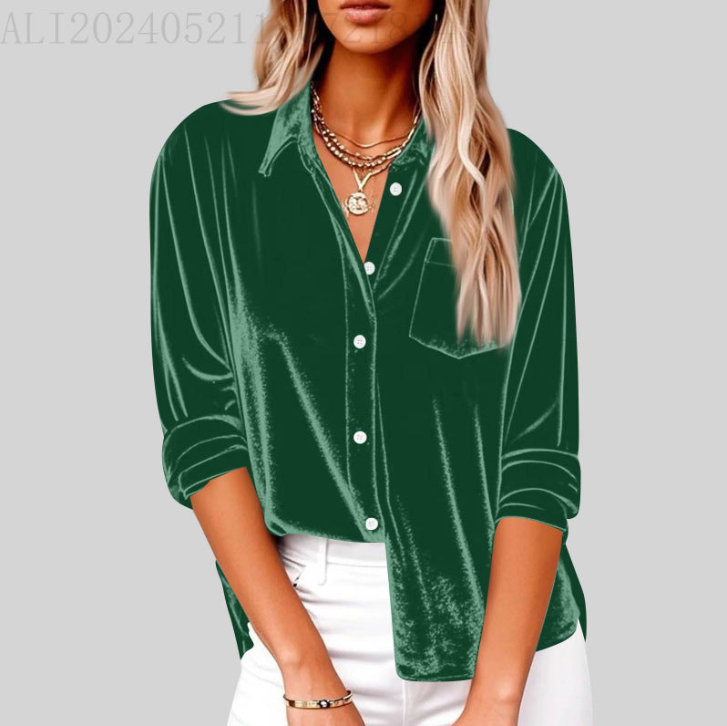 Women's Fashion Casual Long Sleeve Lapel Gold Veet Loose With Blouse