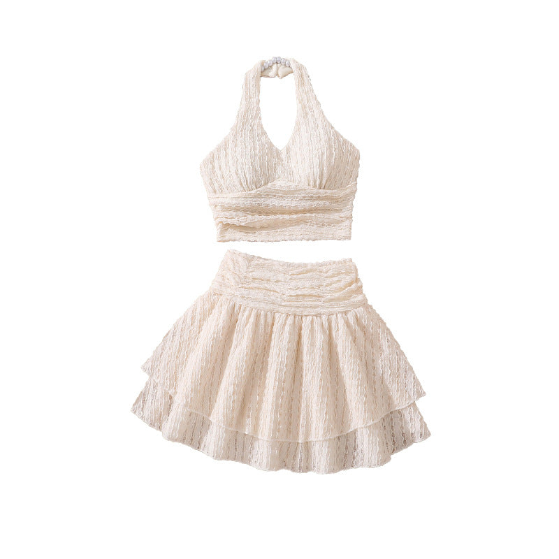 Pure Color Halter Backless Top Pleated Skirt Children's Suit