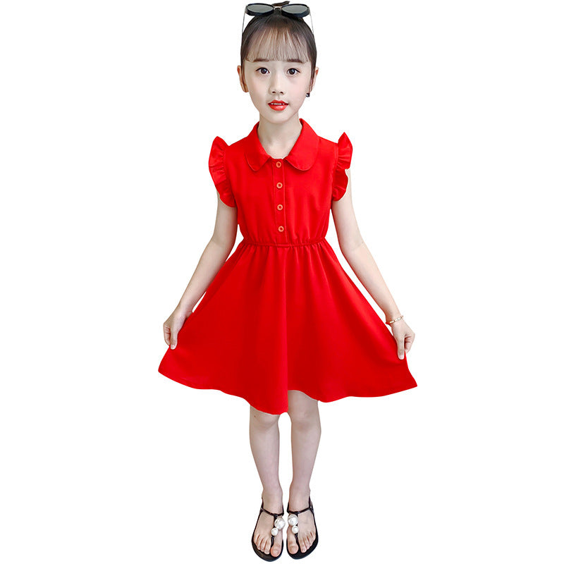 Children's Fashionable Solid Color Polo Collar Wooden Ear Teens Children's Dress