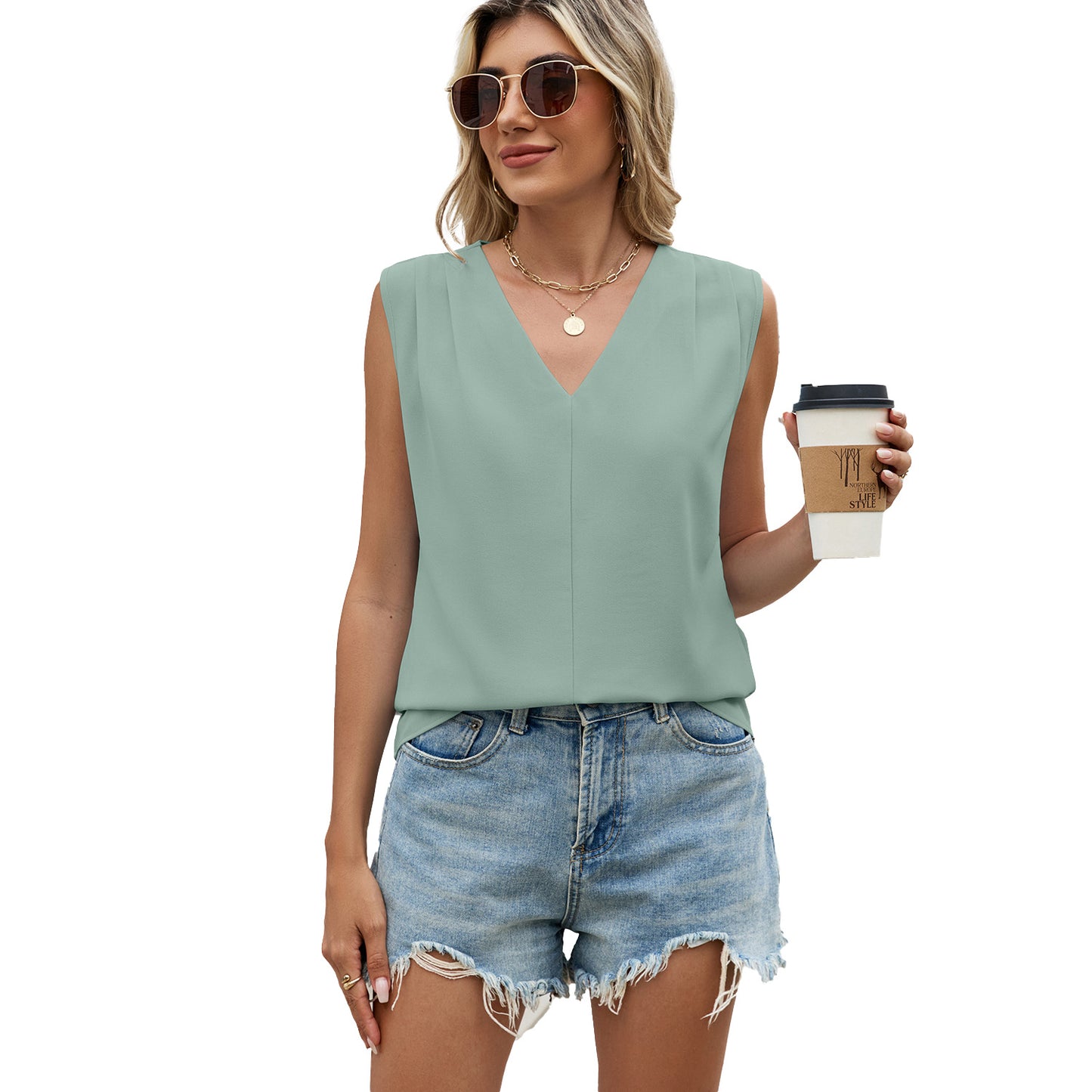 Summer Solid Color Loose Pleated Sleeveless Lace Shirt, Chiffon Shirt