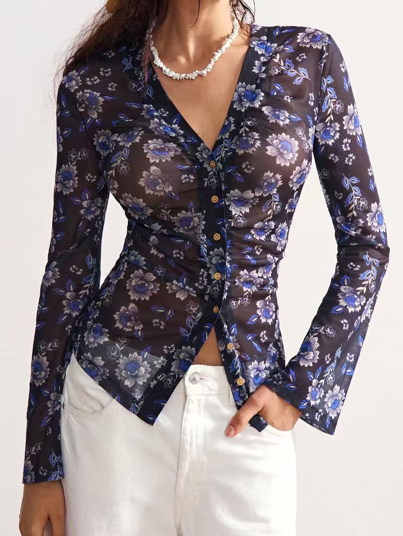 Women's Summer Mesh Floral Print Shirt Slim Fit Slimming Retro Temperament Blouse