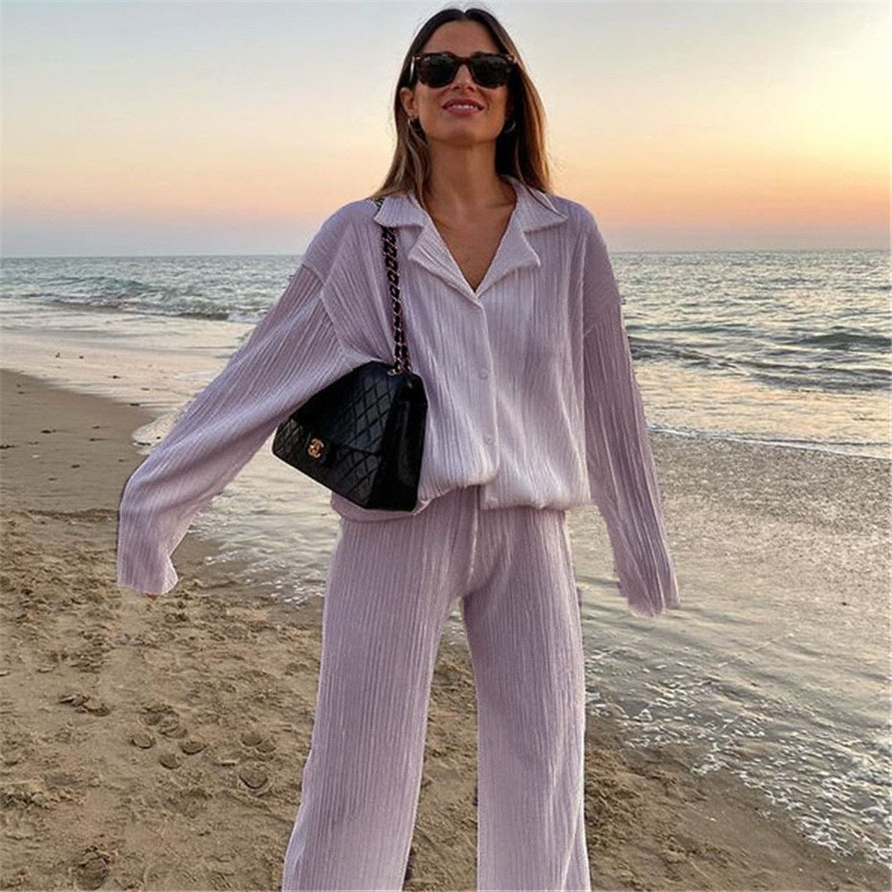 Women's Spring Pleated Design Shirt Outfit Trousers Loose Two-piece Set Fashion Casual Suit