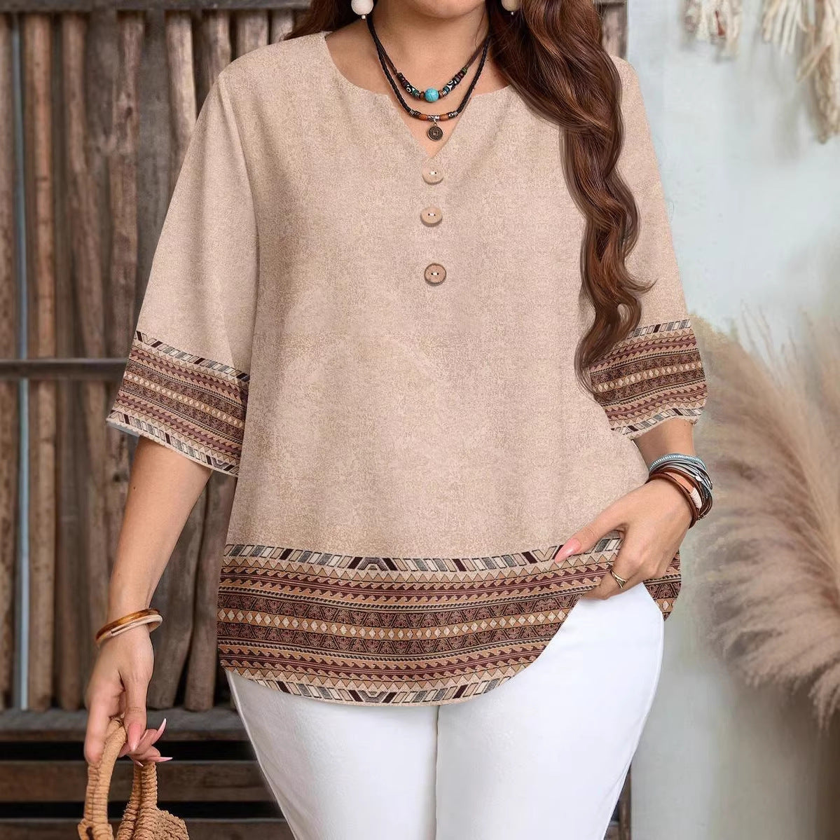 Women's Casual Printed Fastener Decoration Loose Sleeves Large Size T-shirt